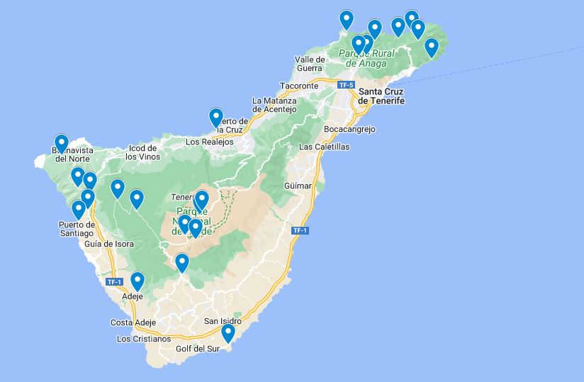 Tenerife Hiking Map with points on the map that are perfect for hiking