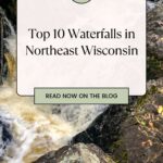 pinterest pin showing image of waterfall and rocks in northeast wisconsin