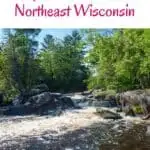 pinterest pin showing image of waterfalls with green trees in northeast wisconsin