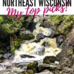 pinterest pin showing image of cascading waterfalls and rock formations in northeast wisconsin