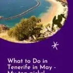 Pinterest pin about fun things to do in Tenerife, long stretch of white sand beach with greenery and rock formations