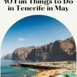 Pinterest pin about fun things to do in Tenerife, huge rock formations, crowded beach with large resort pools