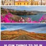 Pinterest pin showing fun things to do in Tenerife, palm trees in La Cortava old town, pink flowers at the beach and long road leading toward Mount Taide