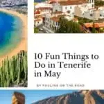 Pinterest pin about fun things to do in Tenerife in May, long stretch of white sand beach, historic old town, and Mount Teide volcano