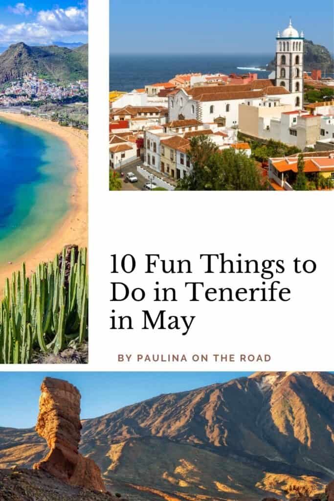 Pinterest pin about fun things to do in Tenerife in May, long stretch of white sand beach, historic old town, and Mount Teide volcano