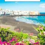 Pinterest pin about fun things to do in Tenerife, photo of bright blue waters, white buildings, black and white sound, and beautiful pink flowers