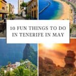 Pinterest pin about fun things to do in Tenerife, historic old town, long stretch of white sand beach, green mountains, volcano national park