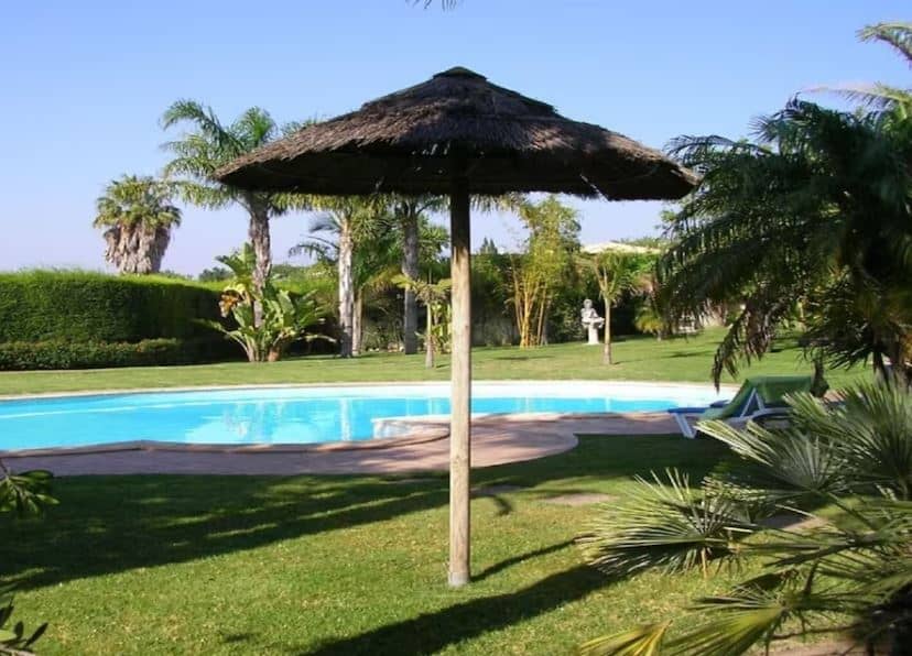 garden, pool and sun lounges at Bungalow with pool, gardens and lake in Albufeira
