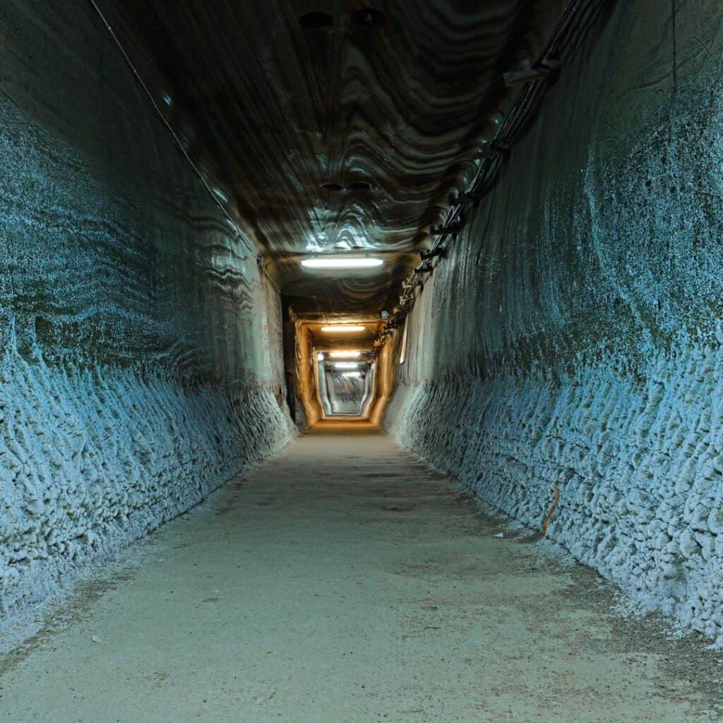 illuminated tunnel in rock salt mine loule algarve