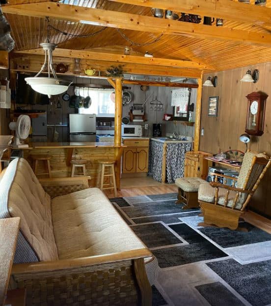 living room with sofa, small kitchen at Cozy and cute cabin in Friendship, WI