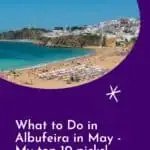 Pinterest pin about things to do in Albufeira in May, long stretch of beach with people, clear sunny sky, and blue waters