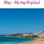 Pinterest pin about things to do in Albufeira in May, long beach with people, ocean in different shades of blue, clear blue sky