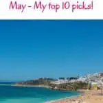 Pinterest pin about things to do in Albufeira in May, long beach with people, ocean in different shades of blue, clear blue sky