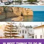Pinterest pin about things to do in Albufeira in May, old historical town, rocky cliffs in a beach, sunlight streaming through white buildings