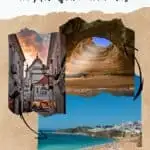 Pinterest pin about things to do in Albufeira in May, benangil cave, old town during sunset, beach in a clear blue sky