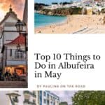 Pinterest pin about things to do in Albufeira in May, old town at sunset, long stretch of beach with crowds, historical street with people strolling