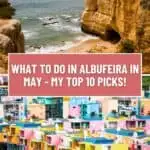 Pinterest pin about things to do in Albufeira in May, view of ocean atop a rocky cliff, multicolored houses in Algarve