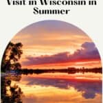 Pinterest pin about places to visit in wisconsin in summer, orange sunset overlooking a wide strip of beach