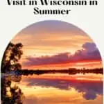 Pinterest pin about places to visit in wisconsin in summer, orange sunset overlooking a wide strip of beach