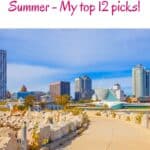 Pinterest pin about places to visit in wisconsin in summer showing skyline of milwaukee