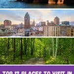 Pinterest pin about places to visit in wisconsin in summer, apostle islands, milwaukee skyline during sunrise, lush trees with forest trail