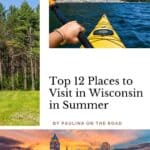 Pinterest pin about places to visit in wisconsin in summer, hand holding paddle in a a kayak, lush green trees, and milwaukee skyline during sunset