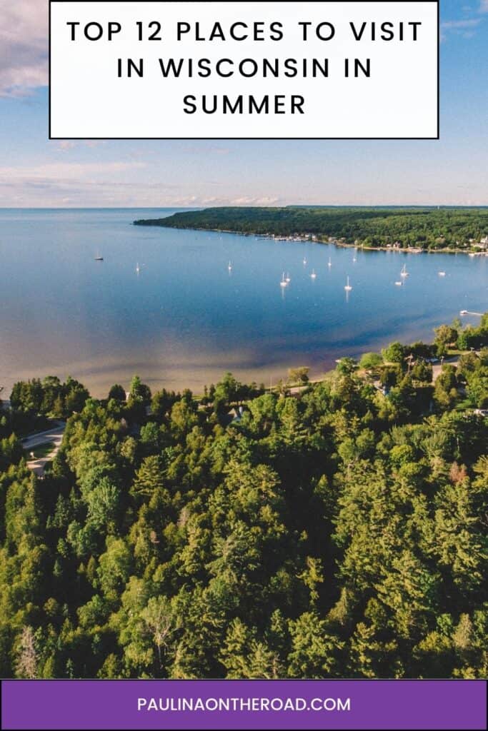 Pinterest pin about places to visit in wisconsin in summer, lush green trees and big lake dotted with small white boats