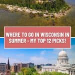 Pinterest pin about places to visit in wisconsin in summer, aerial view of apostle islands and madison capitol state building