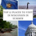Pinterest pin about places to visit in wisconsin in summer, wisconsin flag, a goose in a lake, rock formations, and madison capitol state building