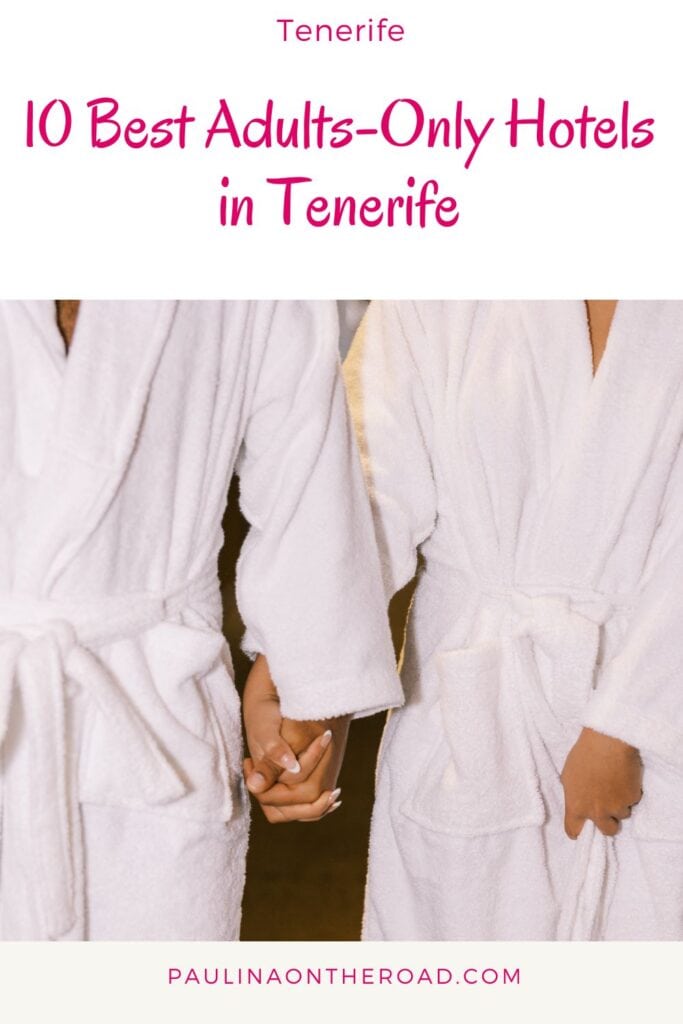 a pin with a couple dressed in bath robes holding hands at one of the Adults-Only Hotels in Tenerife