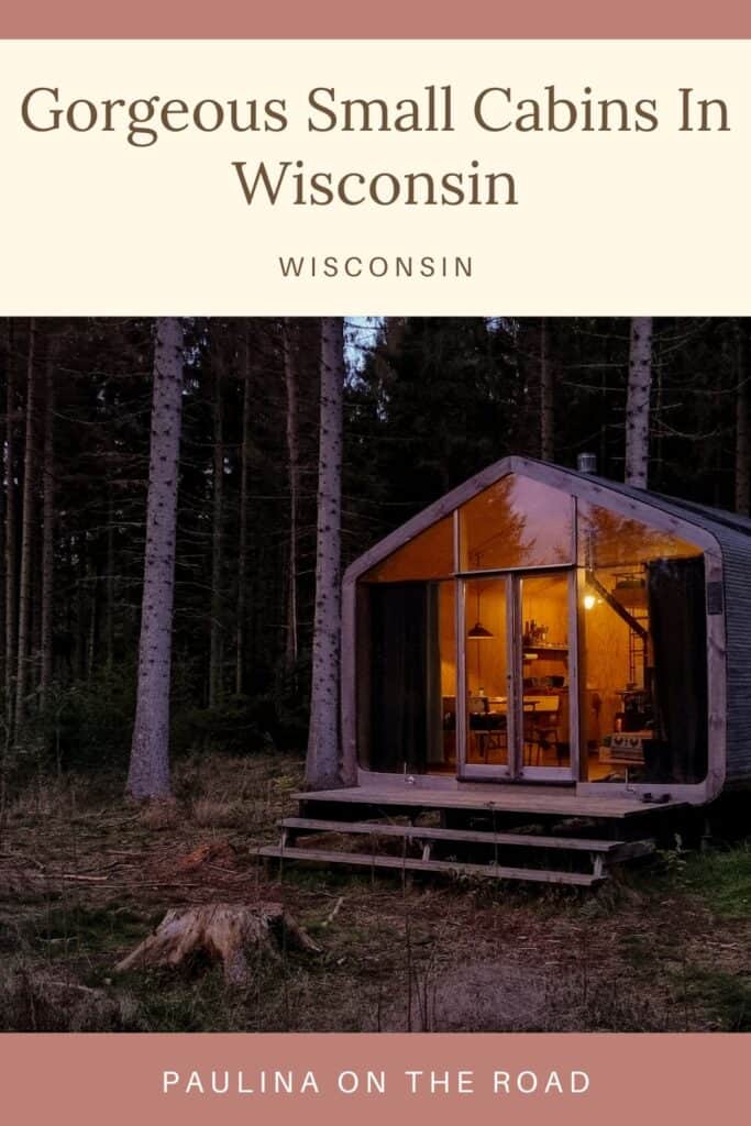 a pin with one of the best Small Cabins In Wisconsin at night.