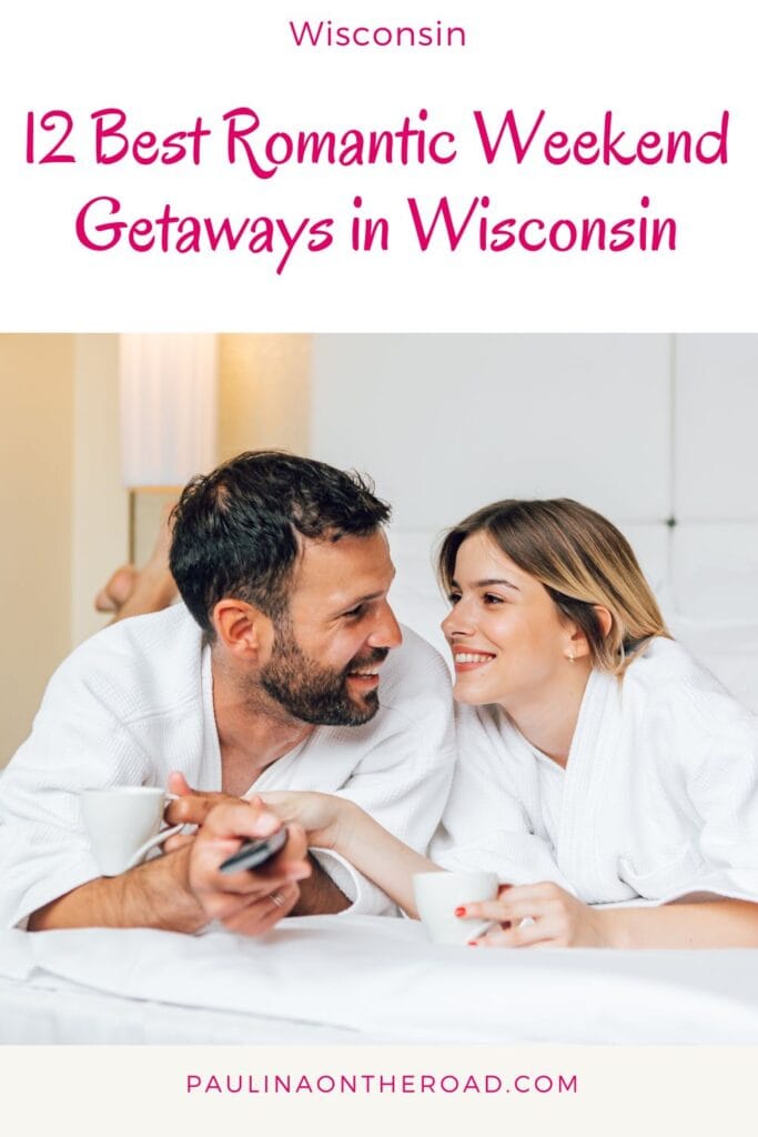a pin with a couple dressed in bath robes on the bed at one of the best romantic weekend getaways in wisconsin