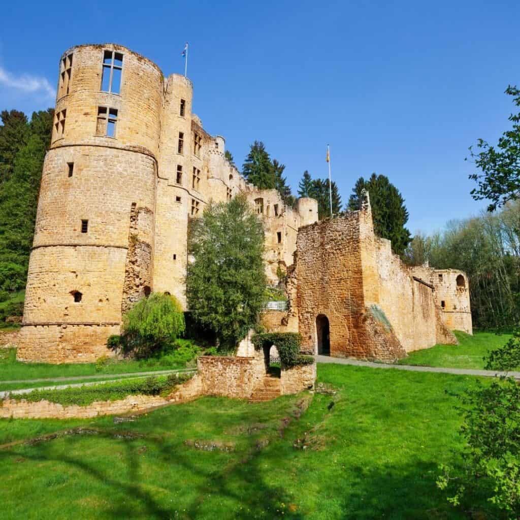 Ruins of Bourscheid Castle Towers in Spring in Luxembourg