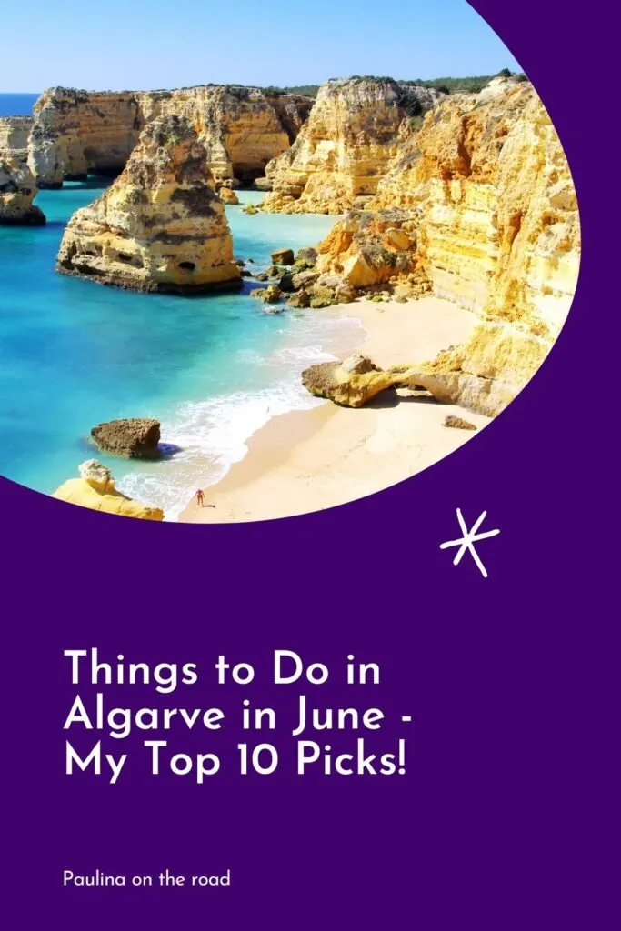 Algarve in june Pinterest pin about things to do in Algarve in June, rocky cliffs and formations at praia de marinha beach