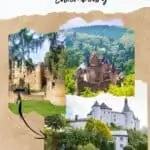 Pinterest pin about best castles in Luxembourg showing exterior photos of vianden castle, beaufort castle, and clervaux castle in a clear sunny day