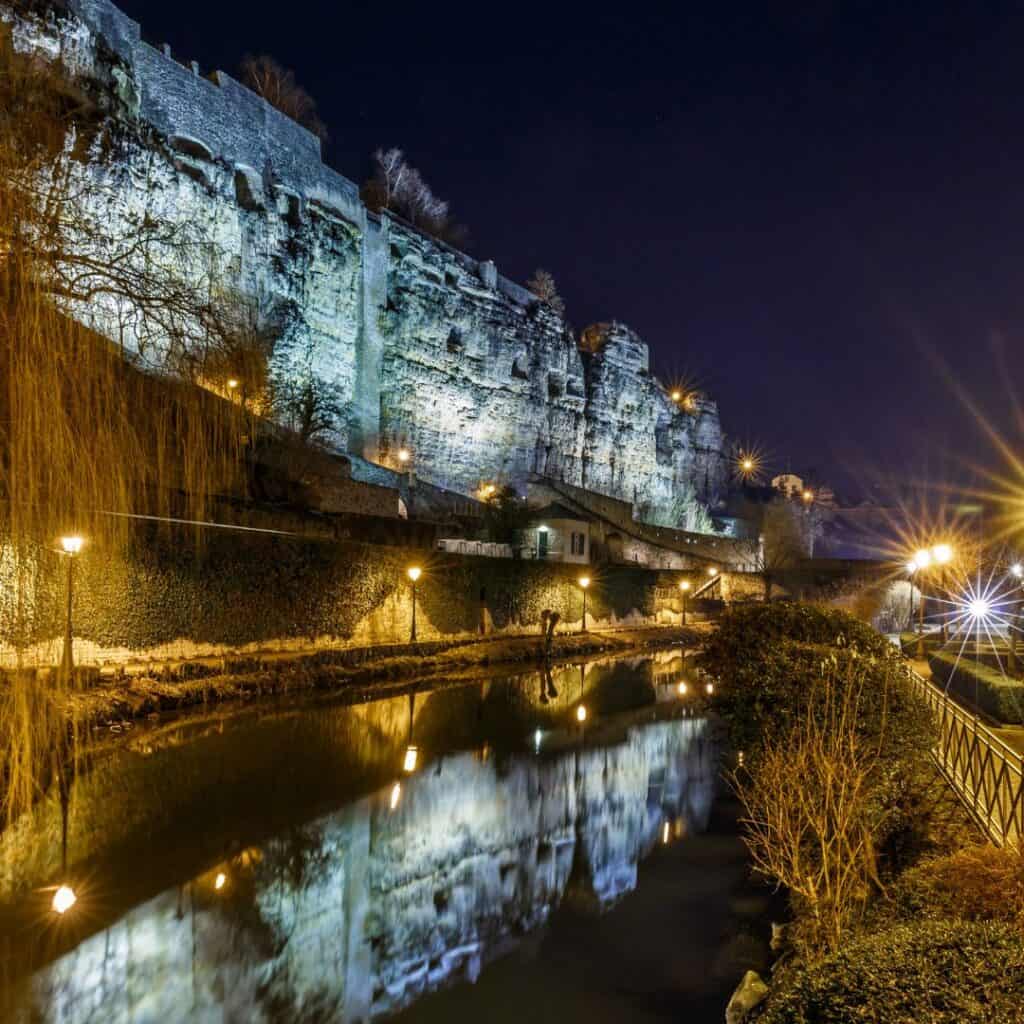 casemates du bock and stone bridge luxembourg at night