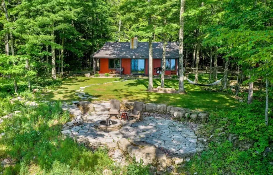 fire pit in front of the Bayside water view cabin with hot tub in Egg Harbor in Wisconsin