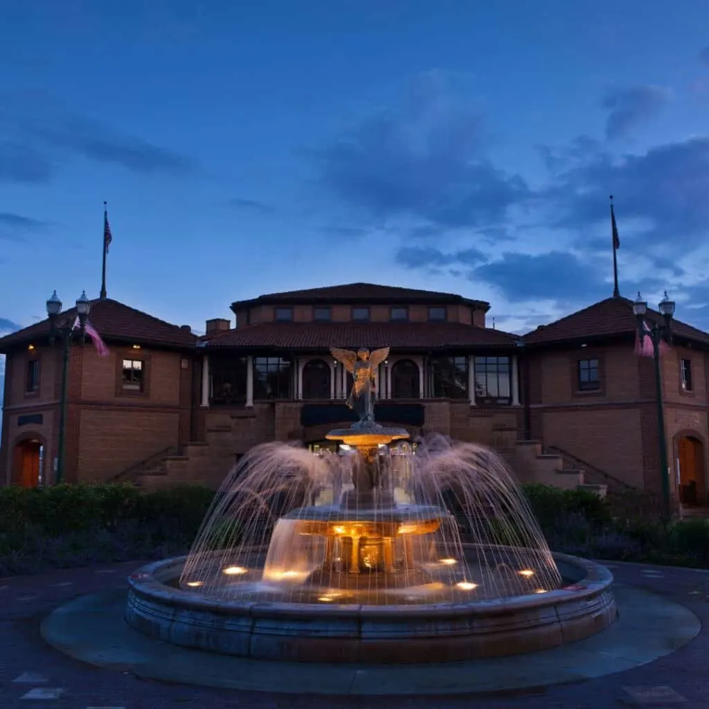 fountain in historic riviera in downtown lake geneva wisconsin at sunset