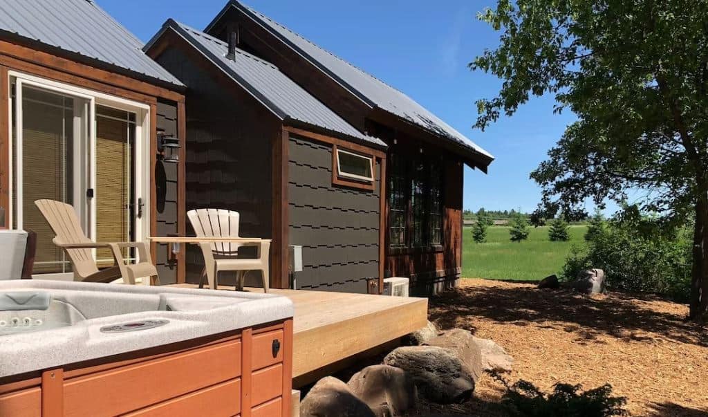 hot tub outside of the Tiny Home on Snowshoe Creek in Grantsburg, Wisconsin