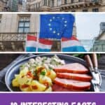 Pinterest pin about interesting facts about luxembourg showing photo of grand ducal palace, european union and luxembourg flags, and Judd mat Gaardebounen traditional luxembourg food