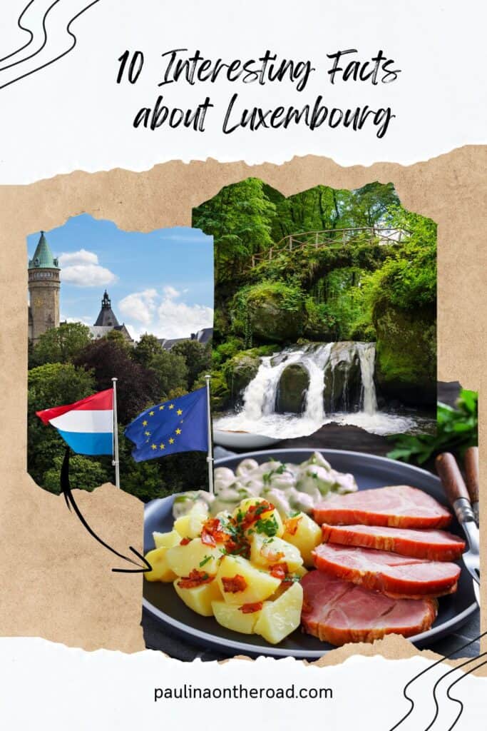 Pinterest pin about interesting facts about luxembourg showing photo of mullerthal waterfall, european union and luxembourg flag with view of castle tower in backdrop, and Judd mat Gaardebounen traditional luxembourg cuisine