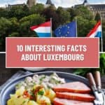 Pinterest pin about interesting facts about luxembourg showing photo of european union and luxembourg flag with castle tower in the backdrop and Judd mat Gaardebounen traditional cuisine