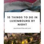 Pinterest pin about things to do in luxembourg by night, luxembourg flag waving, old town fortress with lights