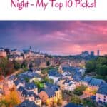 Pinterest pin about things to do in luxembourg by night, luxembourg old city during sunset with pink sky