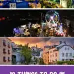 Pinterest pin about things to do in luxembourg by night, luxembourg old city with lights, christmas market with ferris wheel, old historical building during sunset with orange sky
