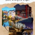 Pinterest pin about things to do in luxembourg by night, red building in esch, old town with reflection in river, casemates du bock with stone bridge