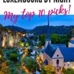 Pinterest pin about things to do in luxembourg by night, old town at night with city lights