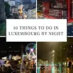 Pinterest pin about things to do in luxembourg by night, old town building, red building in esch, christmas market with ferris wheel, city street with lights