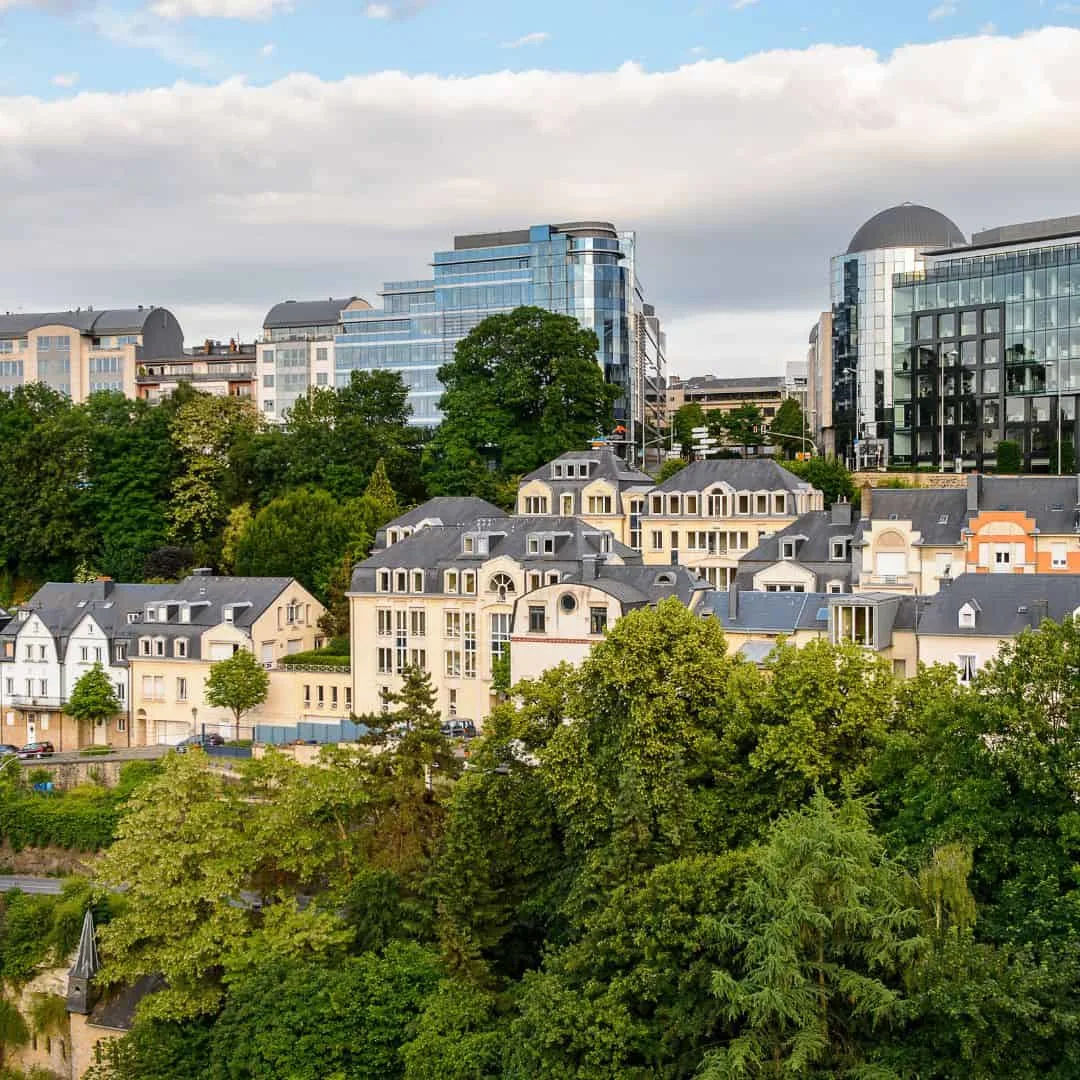 View of luxembourg city with traditional buildings and modern financial center