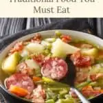 Pinterest pin about Luxembourg traditional food, green bean soup with bacon, onions, and leeks